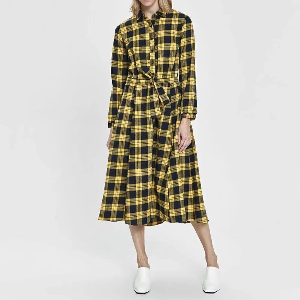 NEW Stelen Jay Flannel Long Sleeve Front Button Dress in Yellow Size Small